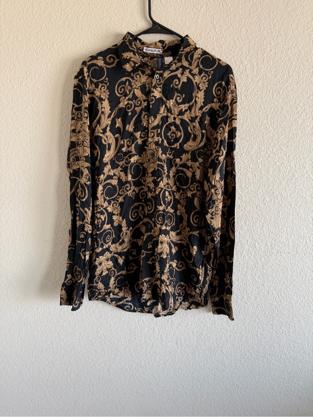 H&M Black Button-Down Shirt with Gold Baroque Print